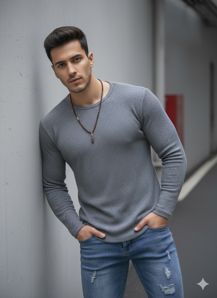 Full Sleeves Waffle Knitted Tshirt Grey