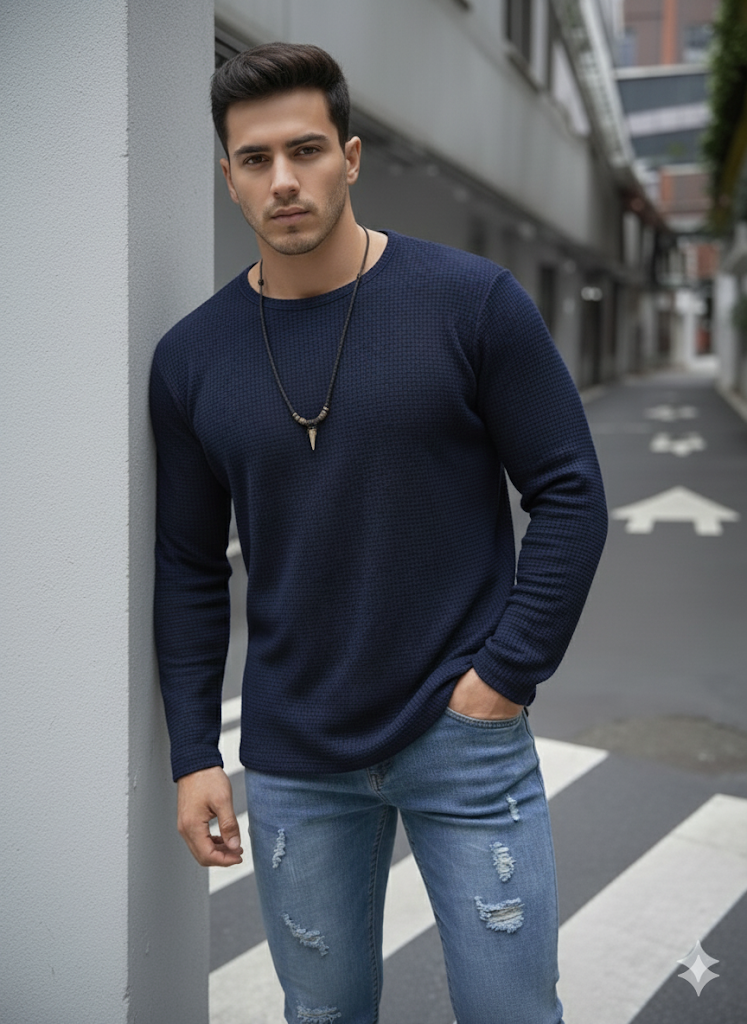 Full Sleeves Waffle Knitted Tshirt Navy