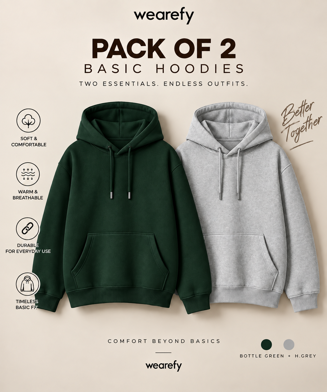 Pack Of Two Kangroo Hoodies Bottle Green - H.Grey