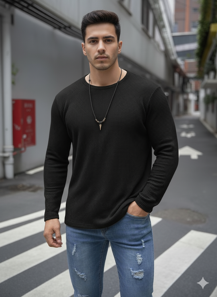 Full Sleeves Waffle Knitted Tshirt Black
