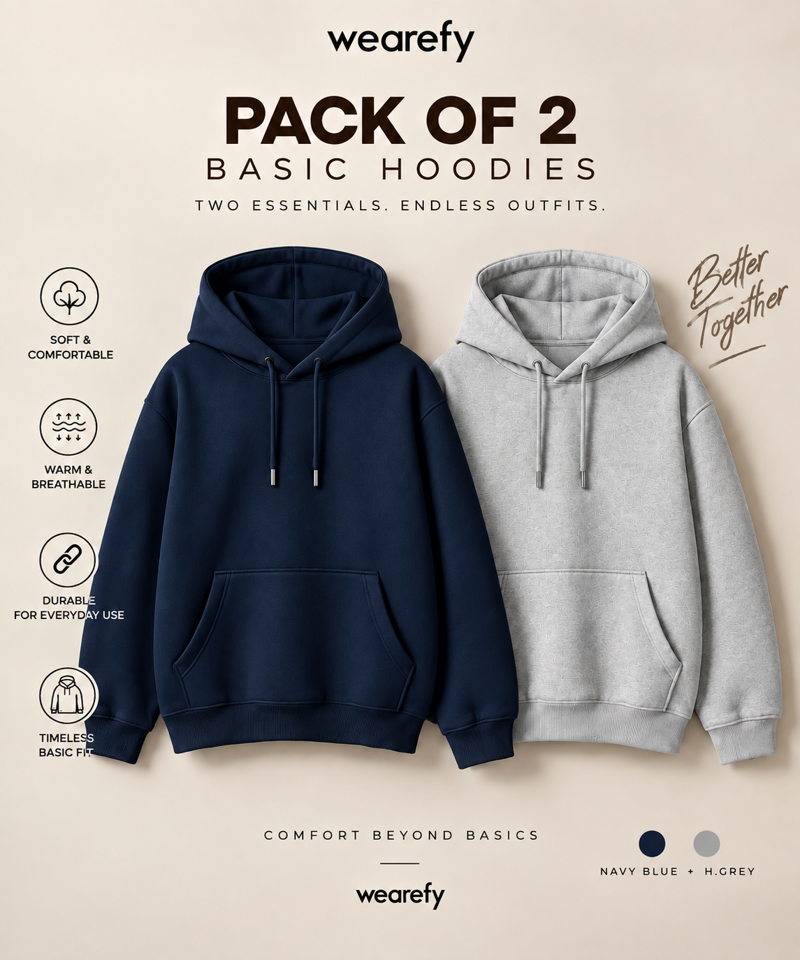 Pack Of Two Kangroo Hoodies Navy - H.Grey