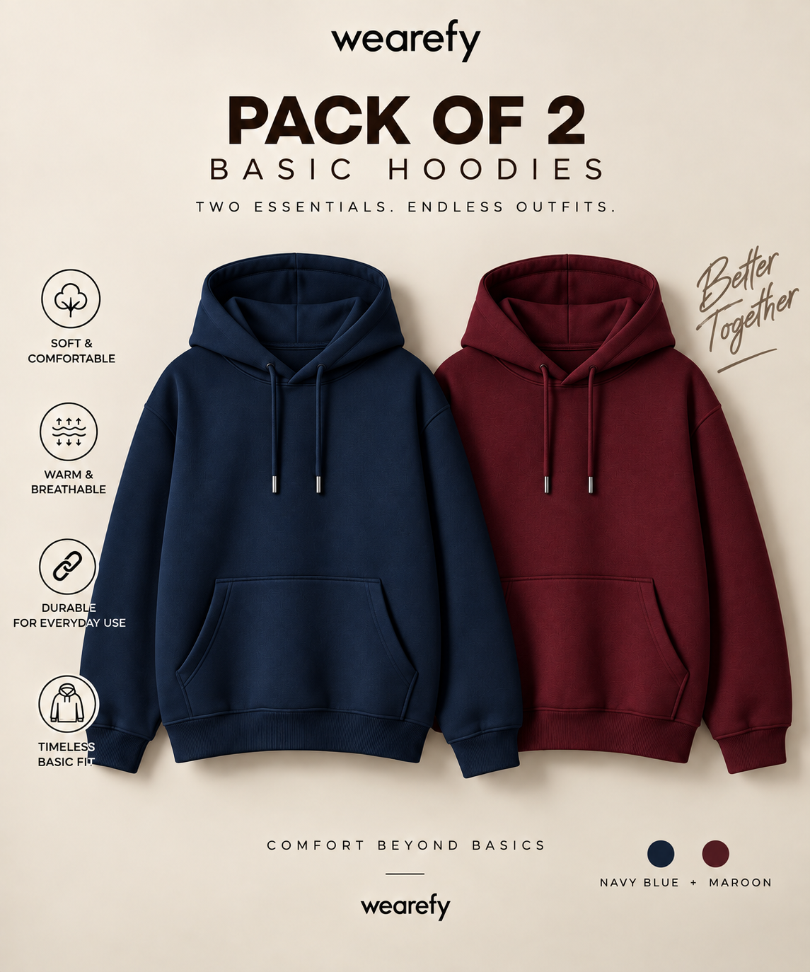 Pack Of Two Kangroo Hoodies Navy - Maroon