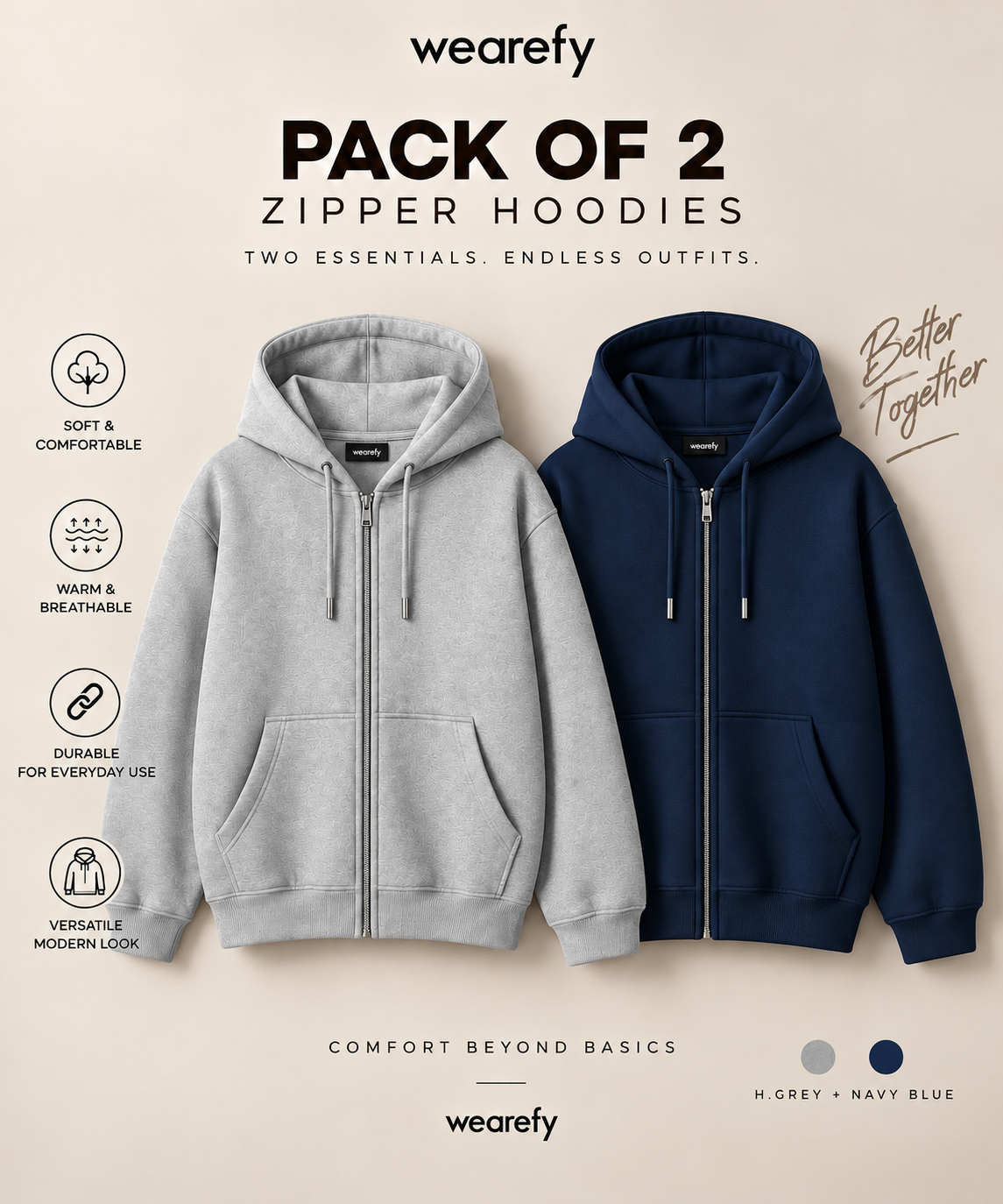 Pack Of Two Zipper Hoodies Navy - H.Grey