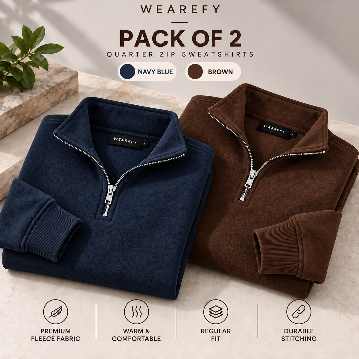 Pack Of Two Quarter Zip Sweatshirts Navy - Brown