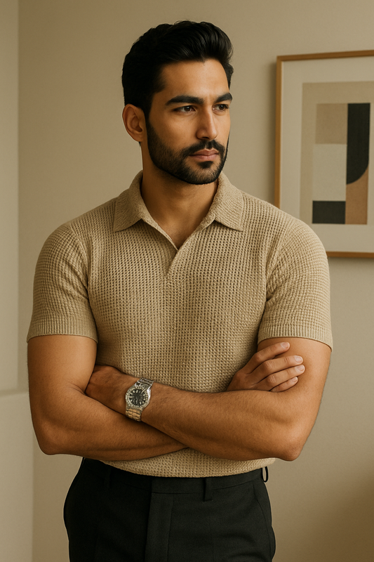 Waffle Knitted Polo Beige
