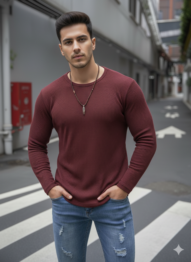 Full Sleeves Waffle Knitted Tshirt Maroon