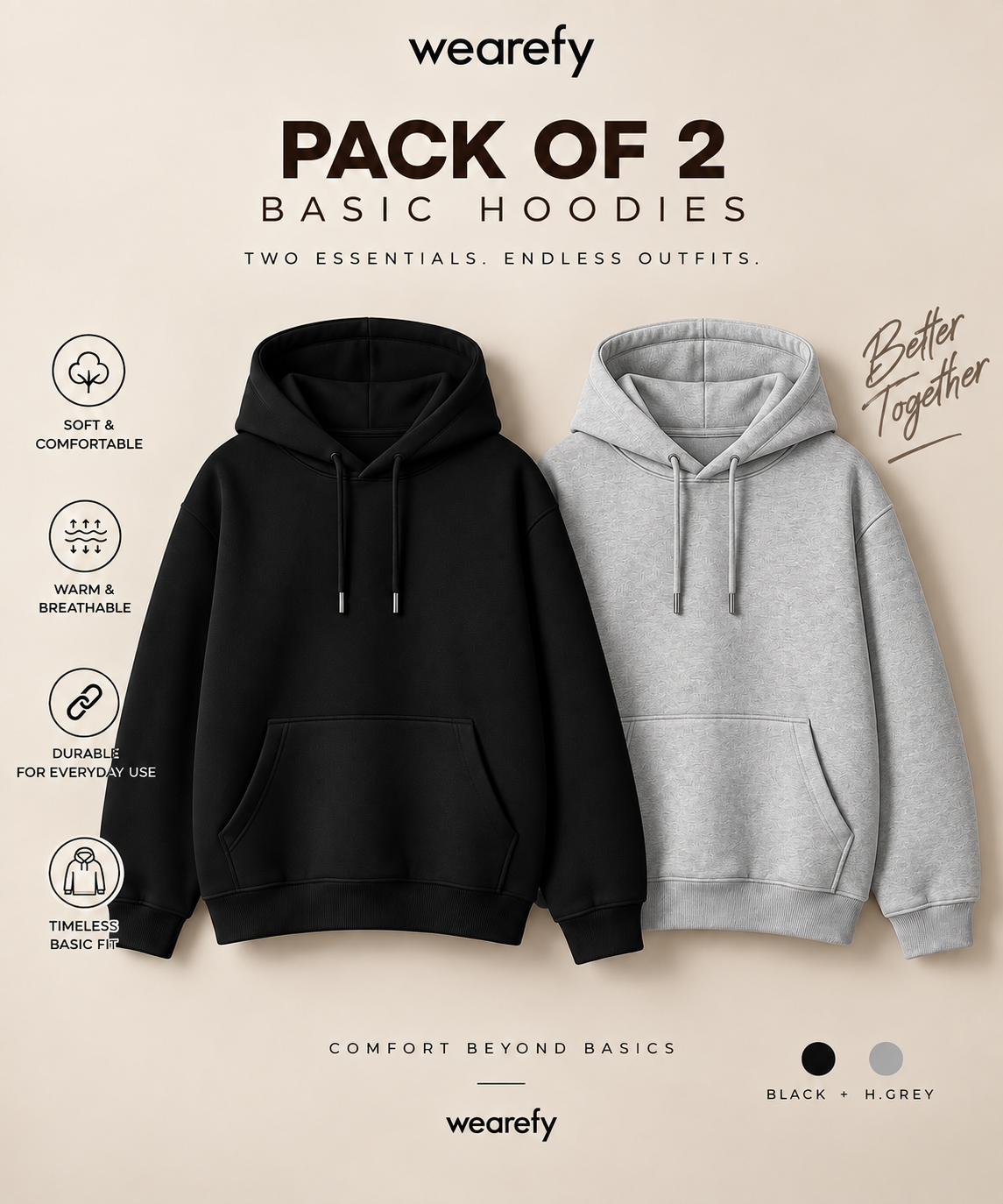 Pack Of Two Kangroo Hoodies Black - H.Grey