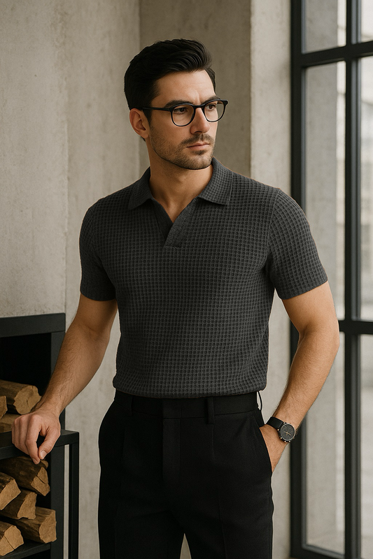 Waffle Knitted Polo Charcoal
