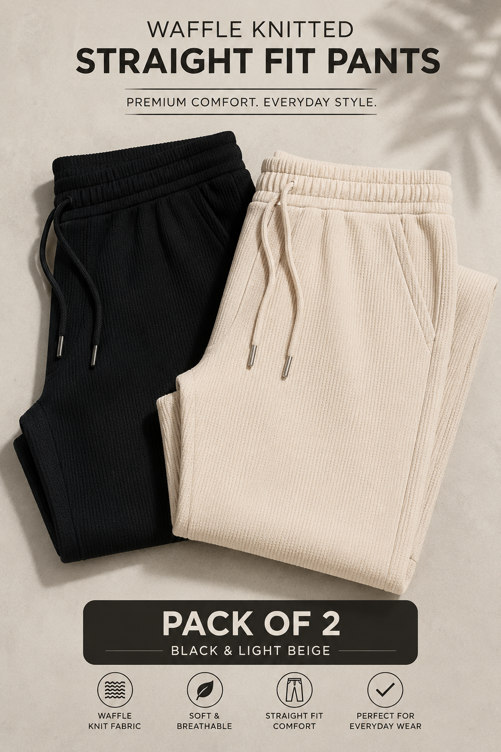 Pack Of Two Waffle Knitted Trousers Black - Beige