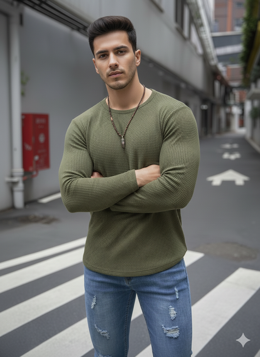 Full Sleeves Waffle Knitted Tshirt Olive