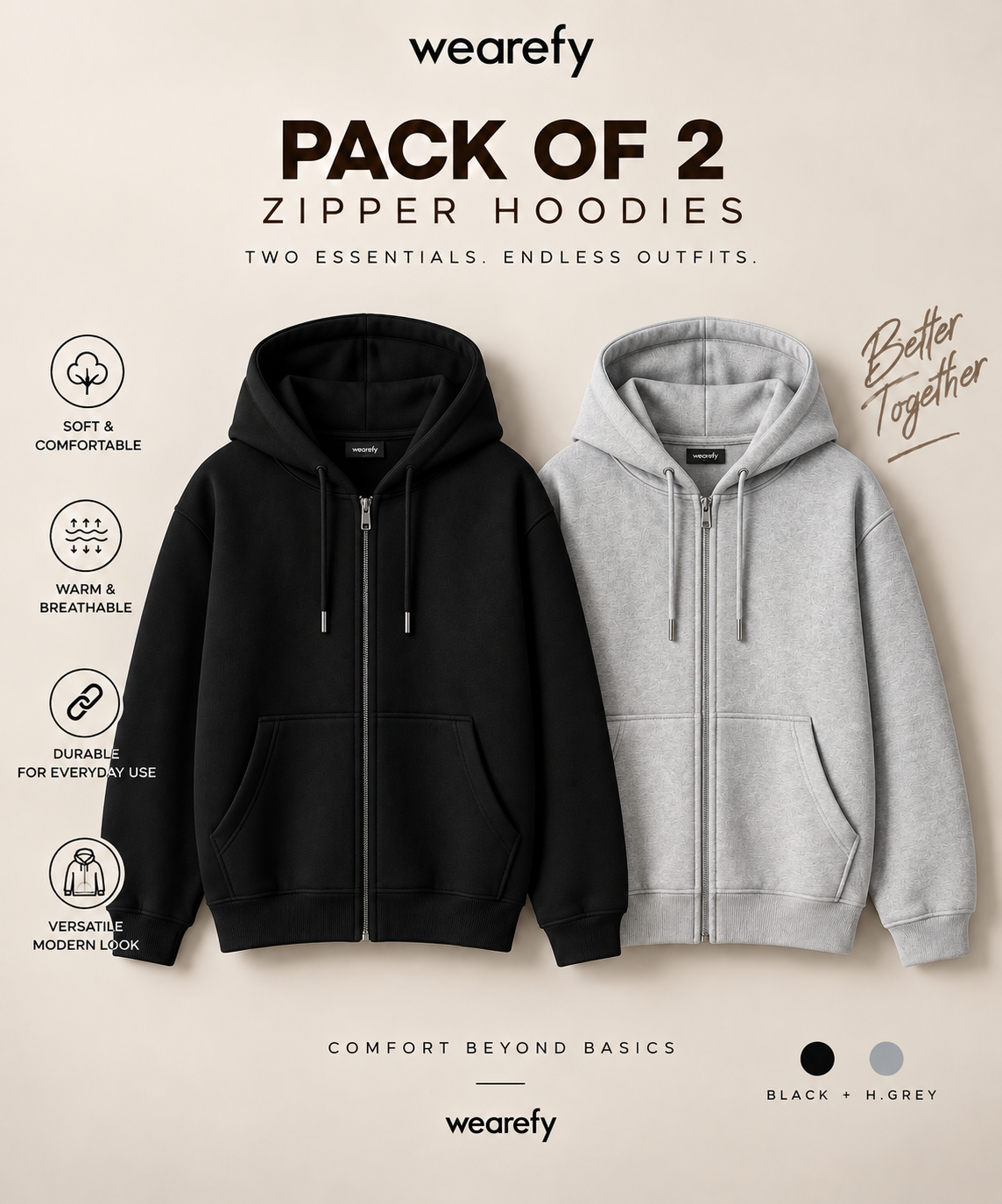 Pack Of Two Zipper Hoodies Black - H.Grey